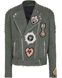 Balmain - Denim biker jacke mit gestickten patches - Lyst