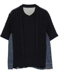 Sacai - Cable-Knit Denim-Panel Sweater - Lyst