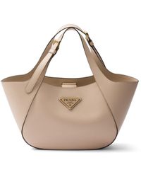 Prada - Medium Enamel Triangle Logo Leather Tote Bag - Lyst