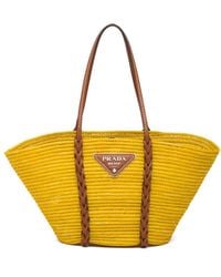 Prada Straw And Leather Tote - Yellow