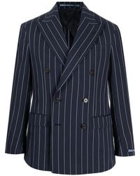 Polo Ralph Lauren - Double-breasted Pinstriped Cotton And Silk-blend Blazer - Lyst