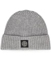 Stone Island - Ribbed Wool Hat With Logo Patch, 100% Virgin Wool, Made - Lyst