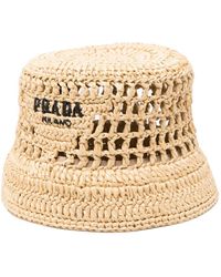 Prada - Neutral Raffia Logo Bucket Hat - Lyst