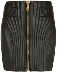 Balmain - Quilted-finish Leather Skirt - Lyst