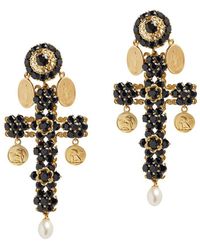 Dolce & Gabbana - 18kt Yellow Gold Cross Black Sapphires And Pearl Clip-on Earrings - Lyst