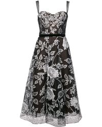 Marchesa notte Floral Embroidered Flared Dress - Zwart