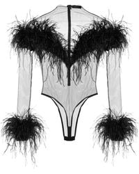 Mugler - Feather-Trim Mesh Bodysuit - Lyst