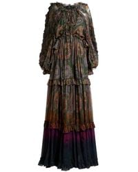 Etro - Lange Zijden Jurk Met Ruches En Degradé Paisley Print - Lyst