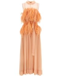 Alberta Ferretti - Feather-Embellished Silk Maxi Dress - Lyst