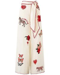 CAMILLA - Embroidered-Details Scarf-Belt Wide-Leg Linen Trousers - Lyst