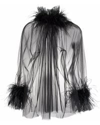 Styland Sheer Feather-trimmed Blouse - Black