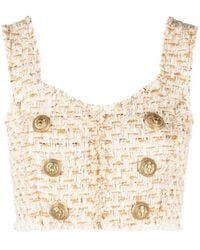Balmain - Button-Embellished Tweed Cropped Top - Lyst