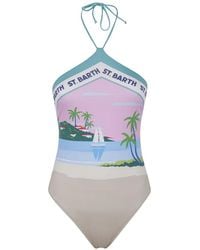 MC2 Saint Barth - Logo-Print Halterneck Swimsuit - Lyst