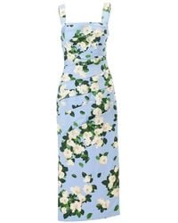 Carolina Herrera - Rose-Print Draped Midi Dress - Lyst