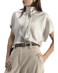 Brunello Cucinelli - Tie-Neck Short-Sleeve Blouse - Lyst