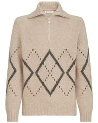 Brunello Cucinelli - Cashmere Sweater With Argyle Intarsia And Half Zip - Lyst