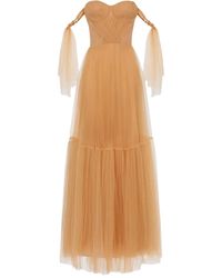 Elisabetta Franchi - Pleated Tulle Maxi Dress - Lyst