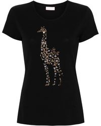 Liu Jo - | T-shirt in cotone stretch con stampa giraffa con strass | female | NERO | L - Lyst