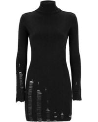 Laneus - Turtleneck Distressed Knit Mini Dress - Lyst
