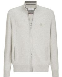 Brunello Cucinelli - Cashmere Double Knit Cardigan With Zipper And Logo - Lyst