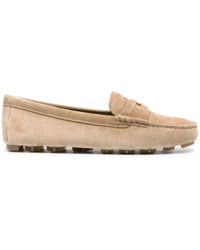 Miu Miu - Neutral Logo-Embossed Suede Penny Loafers - Lyst