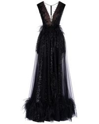 IMROSKA - Maxi Onyx Lace Feather-Trim Dress - Lyst