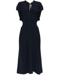 Victoria Beckham - Blouson Detail V-Neck Midi Dress Clothing - Lyst