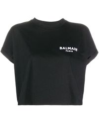 Balmain - Logo-embroidered Cropped T-shirt - Lyst