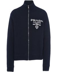 Prada - Intarsia-knit Logo Zip-up Cardigan - Lyst