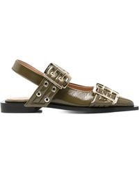 Ganni - カーキ Feminine Buckle フラットシューズ - Lyst