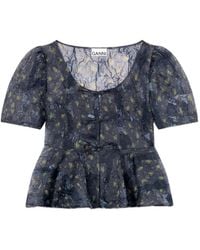Ganni - Floral-Print Peplum Blouse - Lyst