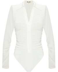 Diane von Furstenberg - Semi-Sheer V-Neck Ruched Bodysuit - Lyst