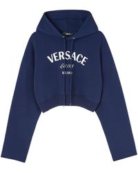 Versace - Logo-embroidered Drawstring Cropped Hoodie - Lyst