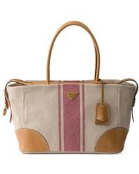 Prada - Grand Sac À Provisions En Toile Et Cuir - Lyst