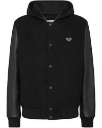 Philipp Plein - Leather Sleeves Hooded Bomber Jacket - Lyst