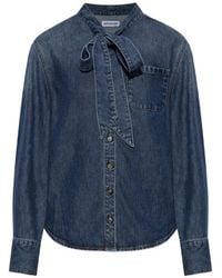 Self-Portrait - Tie-Neck Denim Shirt - Lyst