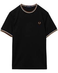 Fred Perry - Logo-Embroidered Striped-Cuff T-Shirt - Lyst