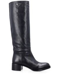 Prada - Logo-Plaque Leather Boots - Lyst
