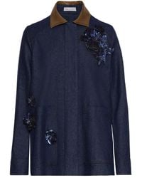 Oscar de la Renta - Sequin-Embellished Leather-Collar Denim Jacket - Lyst
