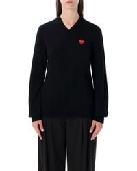 Comme des Garçons - Play Play Wool V-Neck Sweater With Heart And Crystals - Lyst