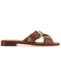 Prada - Leather Crisscross Slides With Buckle - Lyst