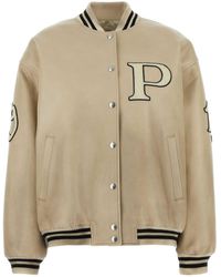 Prada - Logo-Appliqué Leather Bomber Jacket - Lyst