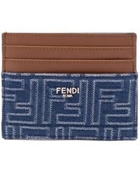 Fendi - Leather And Denim-Effect Ff Jacquard Card Holder - Lyst