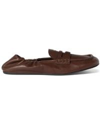 Miu Miu - Chocolate Leather Ruches Loafers Featuring A Embossed Logo And Rubber Soles - Lyst
