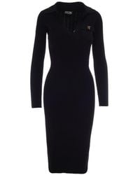 Elisabetta Franchi - Ribbed Knit Midi Dress With Logo Detail - Lyst