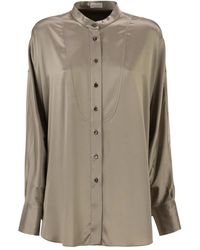 Brunello Cucinelli - Stretch Silk Satin Mandarin Collar Shirt With Necklace - Lyst