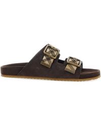Burberry - Suede Flat Sandals With Checked Straps - Lyst