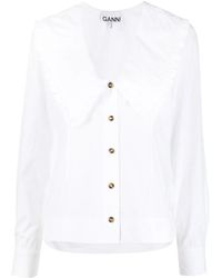 Ganni - Ruched Organic Cotton Collar Blouse - Lyst