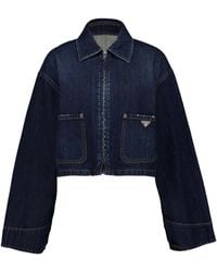 Prada - Logo-Plaque Cropped Denim Jacket - Lyst