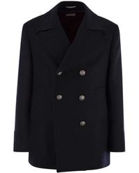 Brunello Cucinelli - Double Wool Flannel Pea Coat With Metal Buttons - Lyst